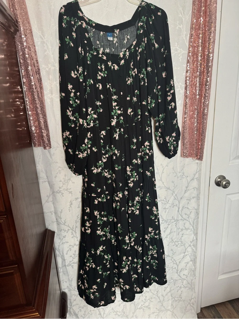 Old Navy Black Maxi Skirt with Pink Floral Print